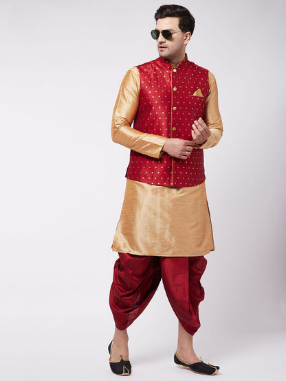 Vastramay Men's Maroon Zari Weaved Jacket With Kurta Dhoti Set