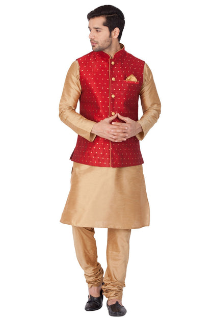 Vastramay Men's Maroon Zari Weaved Jacket With Kurta Pyjama Set