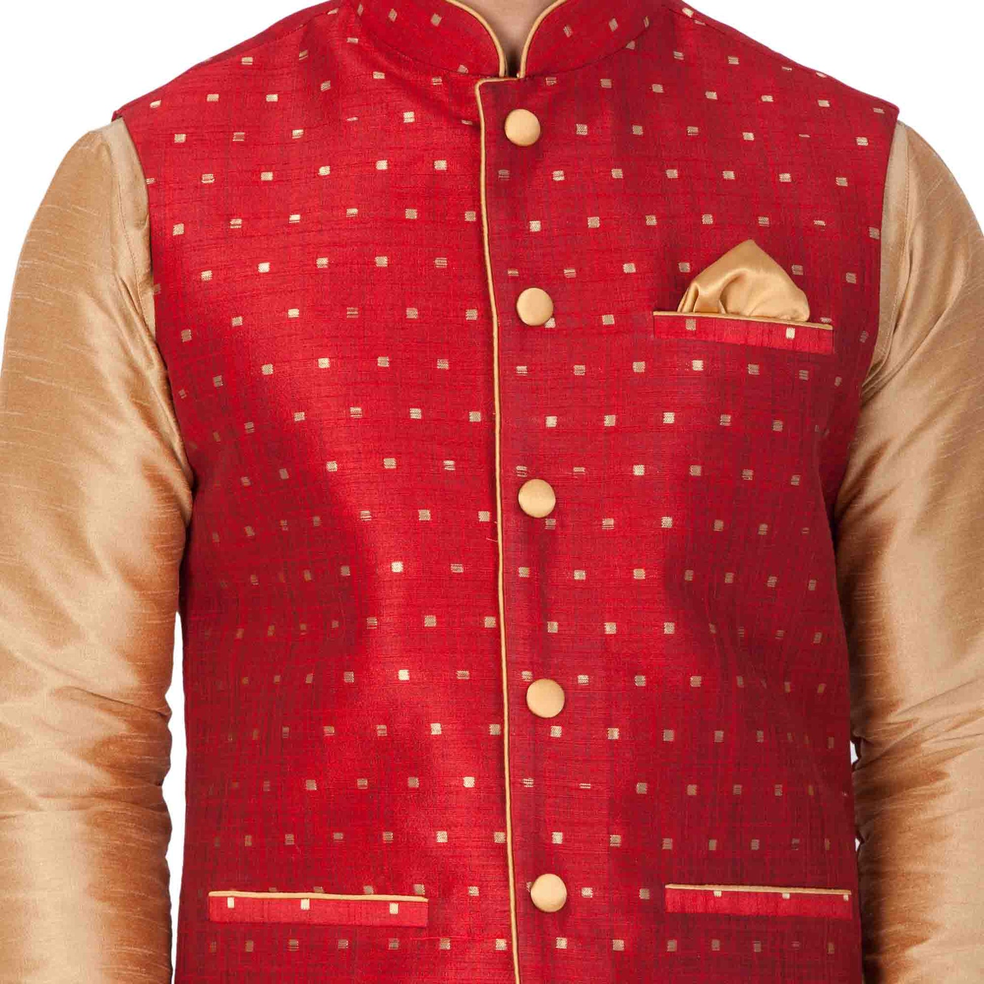 Vastramay Men's Maroon Zari Weaved Jacket With Kurta Pyjama Set