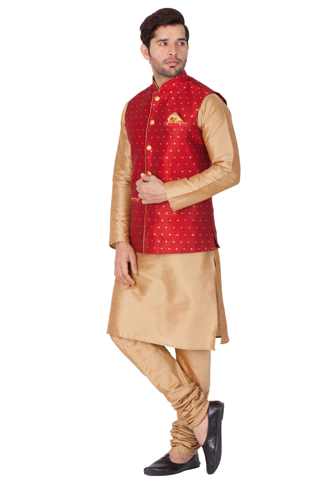 Vastramay Men's Maroon Zari Weaved Jacket With Kurta Pyjama Set