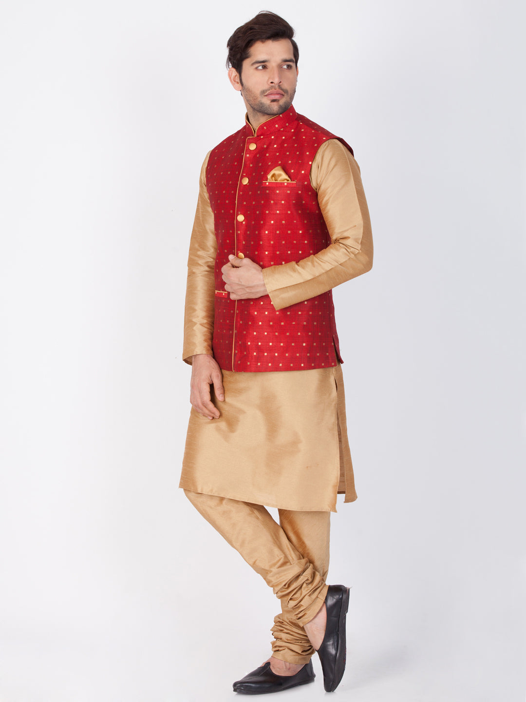 Vastramay Maroon and Rose Gold Silk Blend  Baap Beta Jacket Kurta Pyjama set