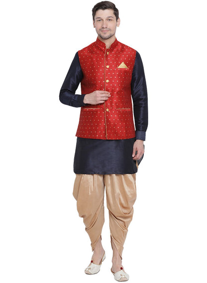 Vastramay Men's Maroon Zari Weaved Jacket With Kurta Dhoti Set