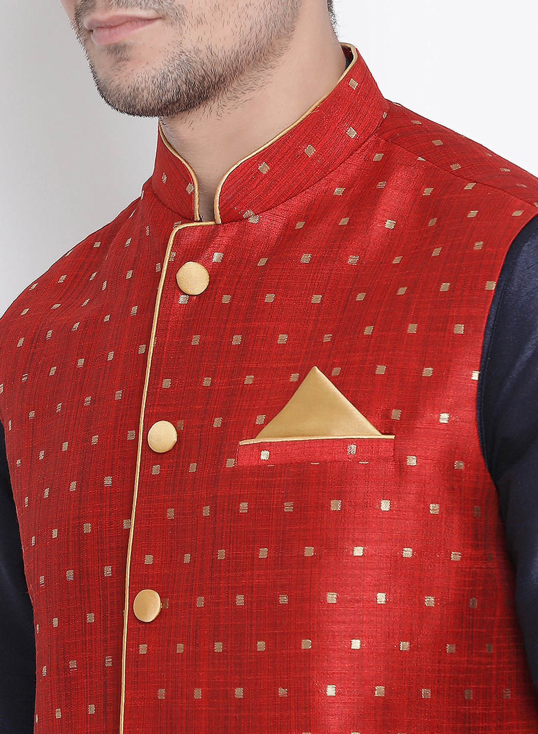 Vastramay Men's Maroon Zari Weaved Jacket With Kurta Dhoti Set