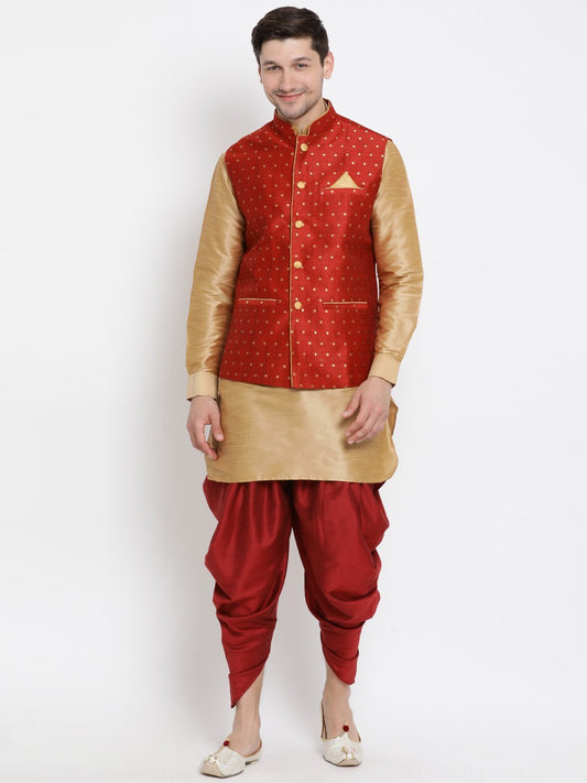 Vastramay Men's Gold Cotton Silk Blend Ethnic Jacket, Kurta and Dhoti Pant Set