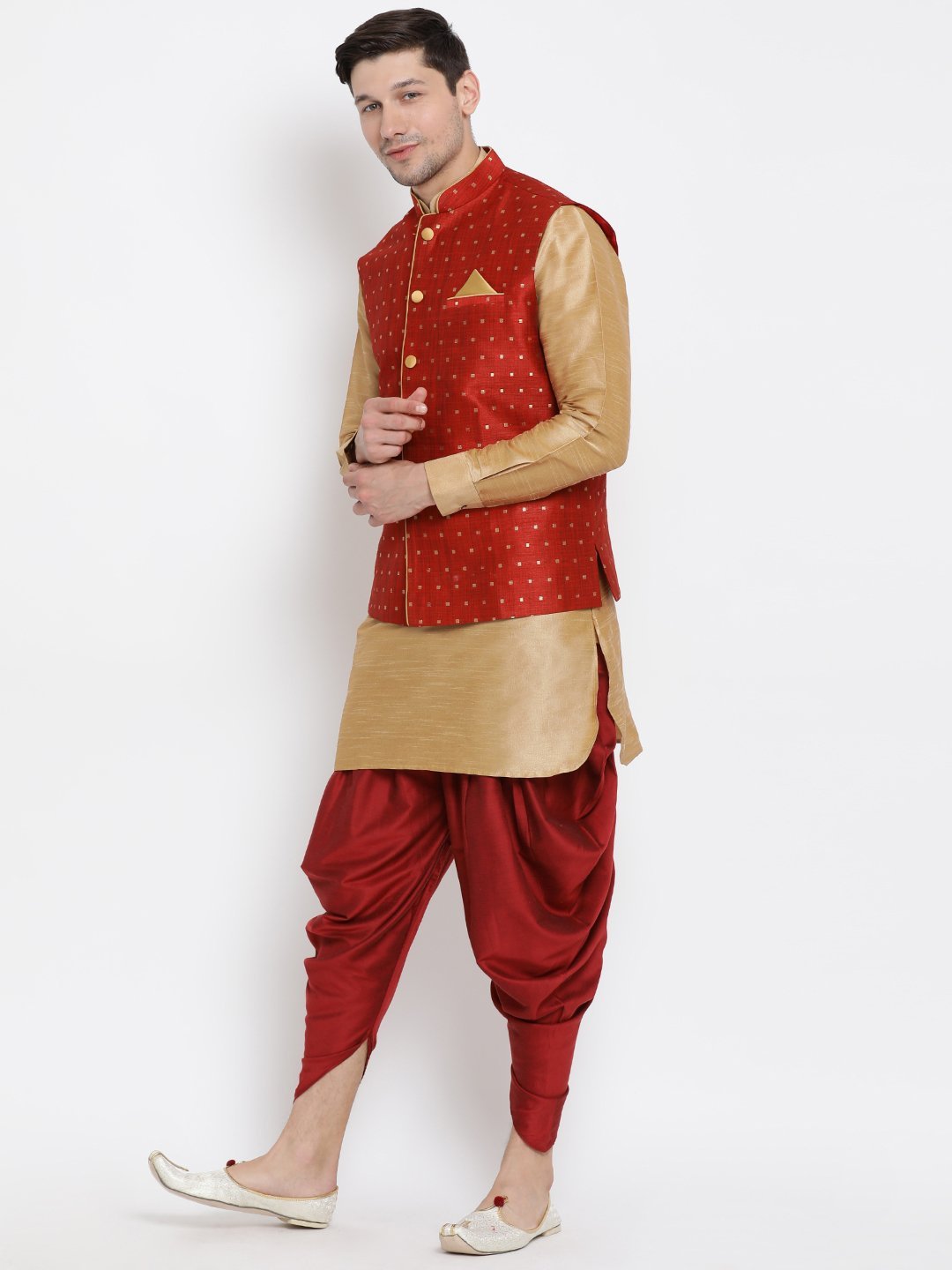 Vastramay Men's Gold Cotton Silk Blend Ethnic Jacket, Kurta and Dhoti Pant Set