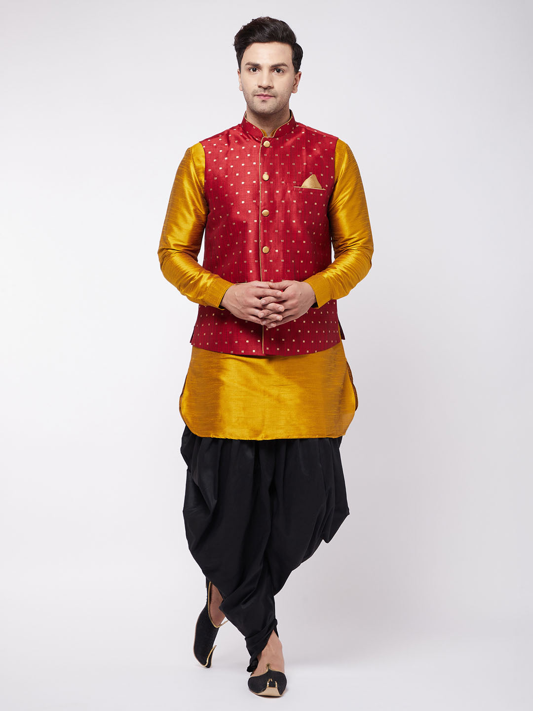 Vastramay Men's Maroon Zari Weaved Jacket With Kurta Dhoti Set