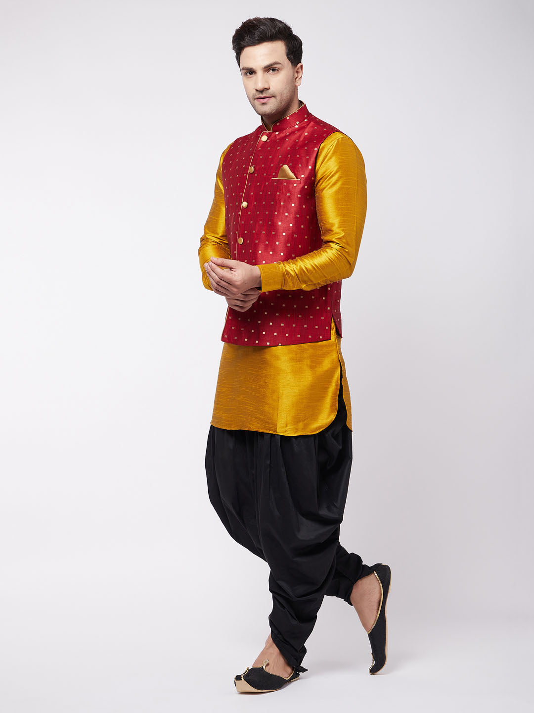 Vastramay Men's Maroon Zari Weaved Jacket With Kurta Dhoti Set