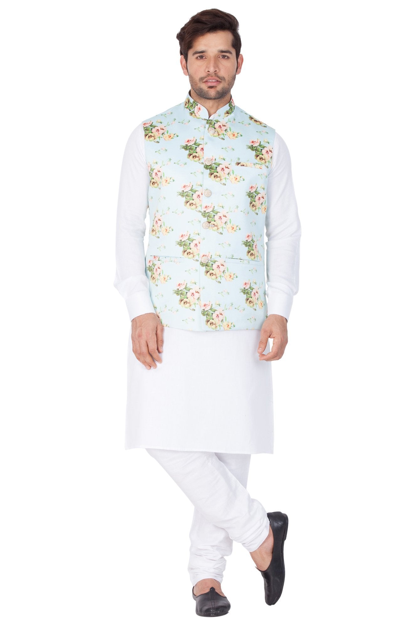 mens white cotton blend kurta ethnic jacket and pyjama set1182