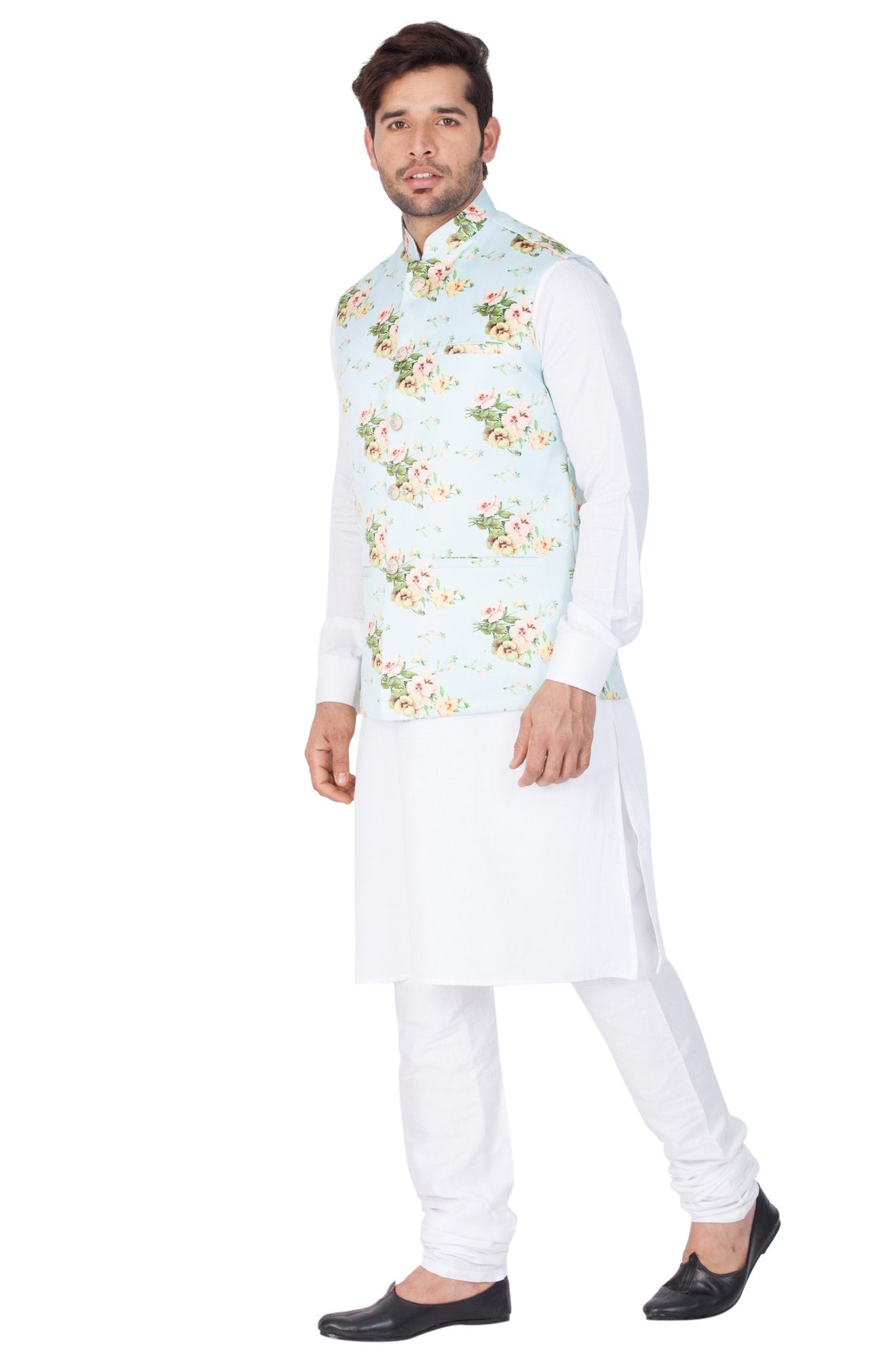 mens white cotton blend kurta ethnic jacket and pyjama set1182