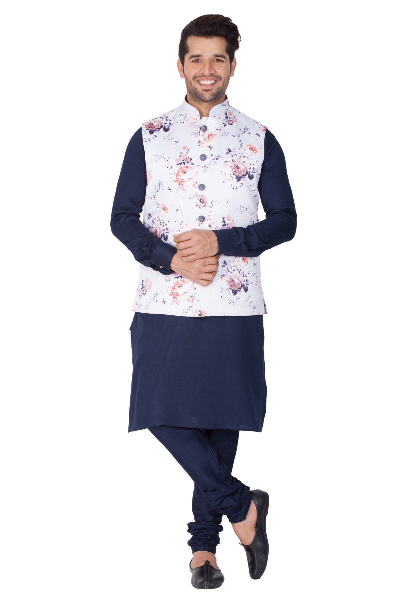 mens blue cotton blend kurta ethnic jacket and pyjama set1183