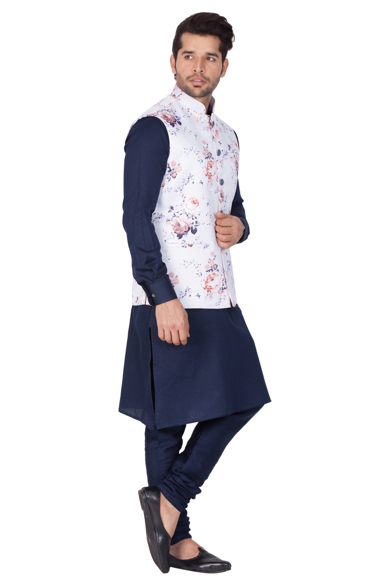 mens blue cotton blend kurta ethnic jacket and pyjama set1183