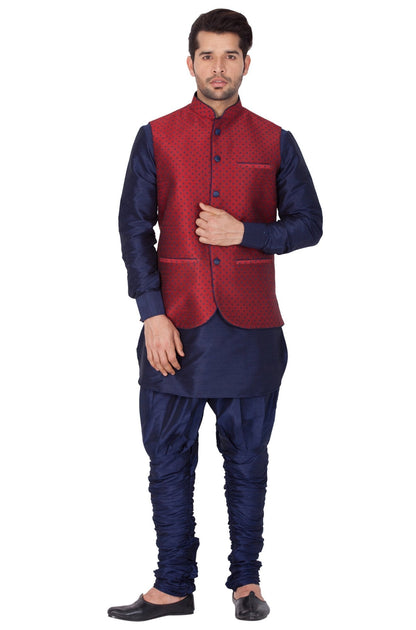 Vastramay Men's Blue Cotton Silk Blend Kurta, Nehru Jacket and Bredges Set