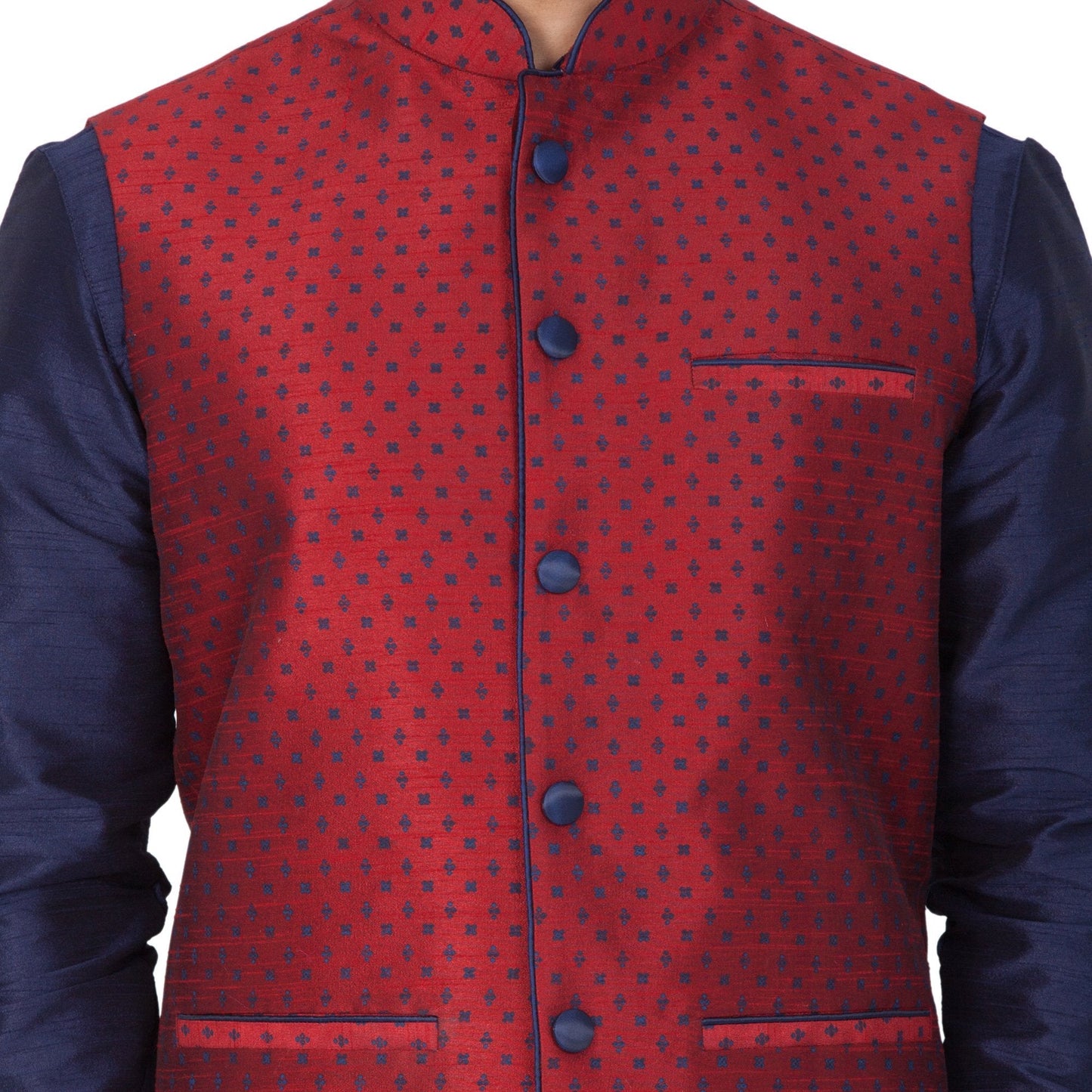 Vastramay Men's Blue Cotton Silk Blend Kurta, Nehru Jacket and Bredges Set