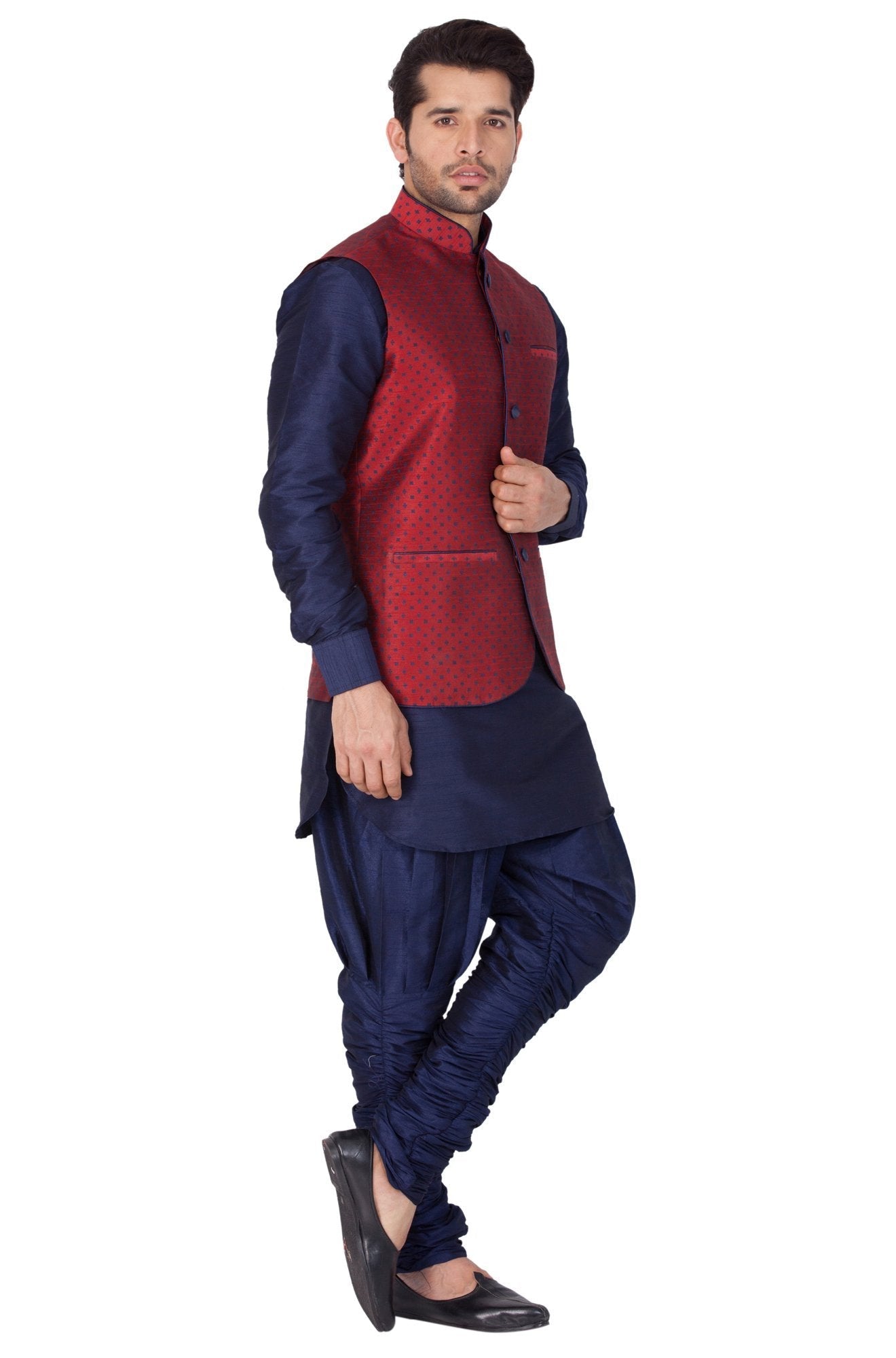 Vastramay Men's Blue Cotton Silk Blend Kurta, Nehru Jacket and Bredges Set