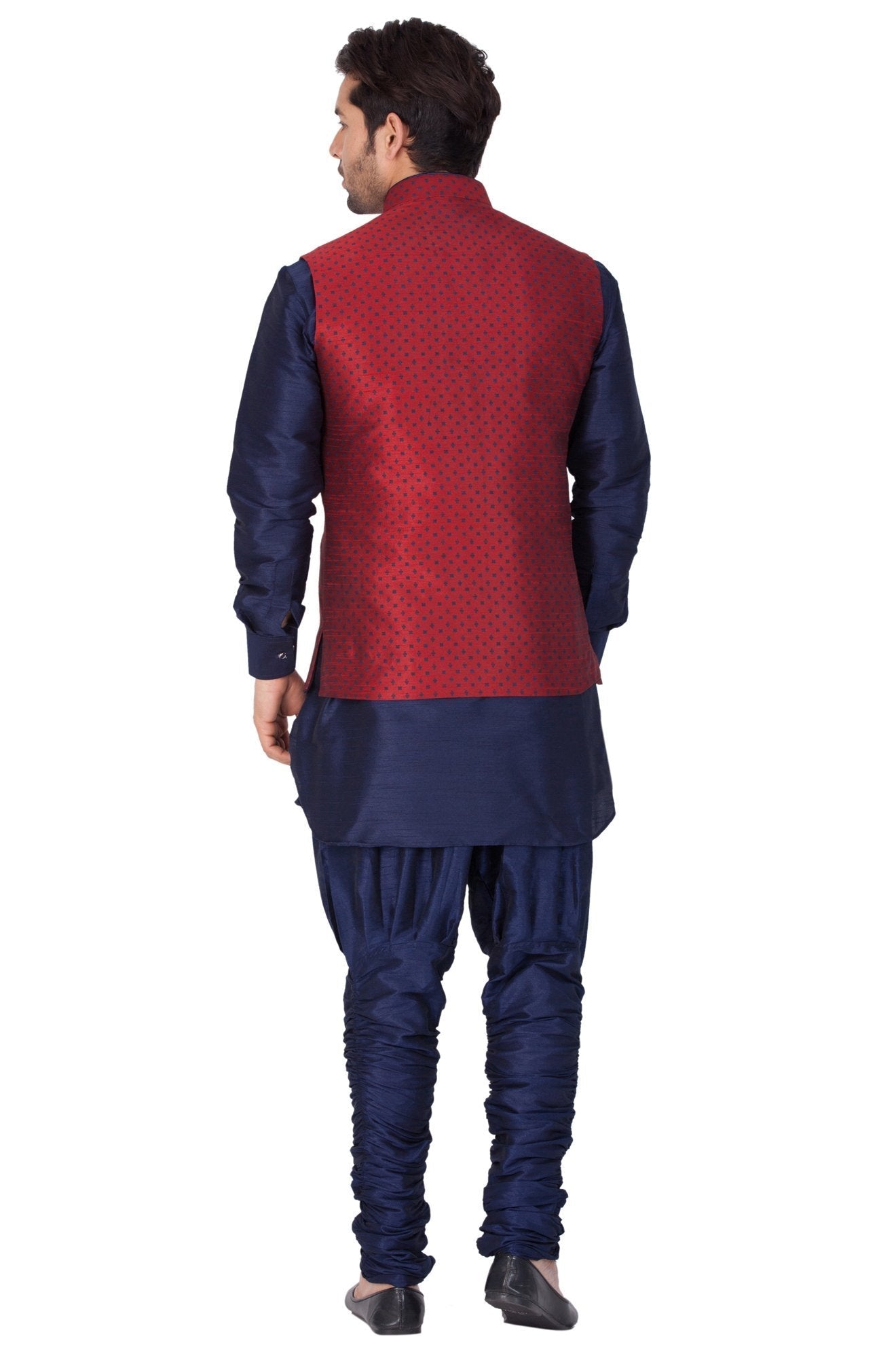 Vastramay Men's Blue Cotton Silk Blend Kurta, Nehru Jacket and Bredges Set