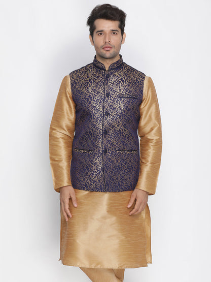 Vastramay Men's Blue Cotton Silk Blend Ethnic Jacket