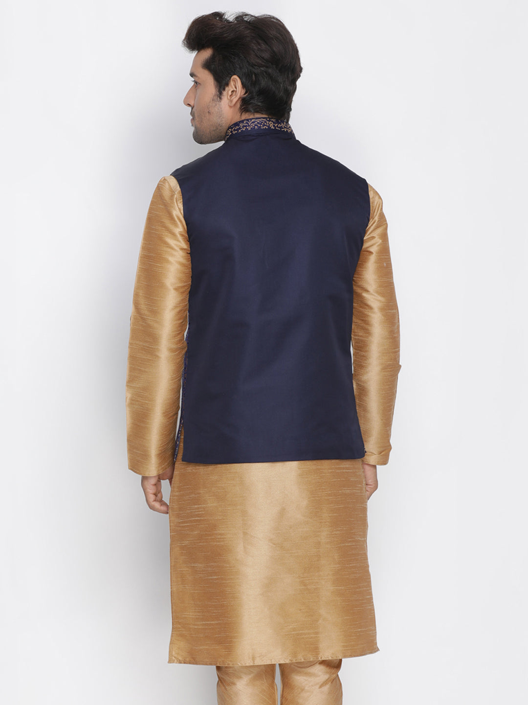 Vastramay Men's Blue Cotton Silk Blend Ethnic Jacket