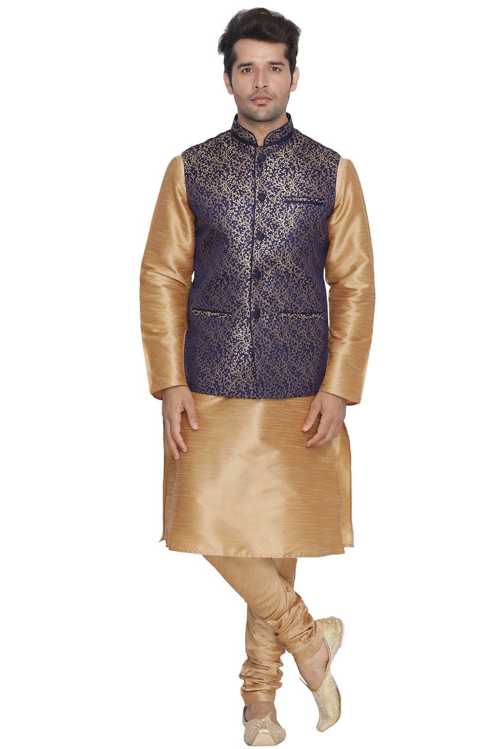 Vastramay Men's Blue Cotton Silk Blend Kurta, Ethnic Jacket and Pyjama Set