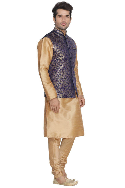 Vastramay Men's Blue Cotton Silk Blend Kurta, Ethnic Jacket and Pyjama Set