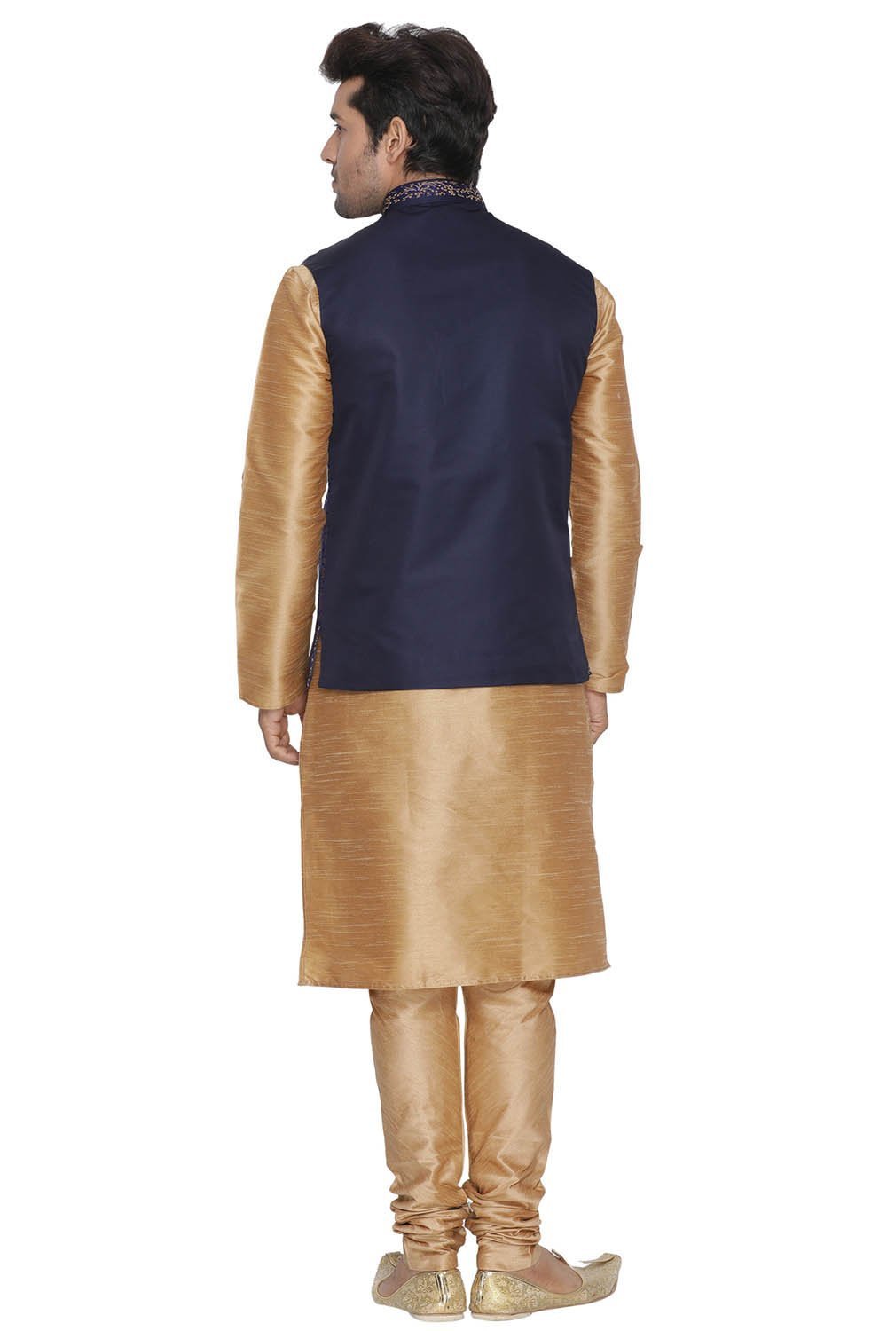 Vastramay Men's Blue Cotton Silk Blend Kurta, Ethnic Jacket and Pyjama Set