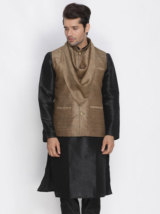 Vastramay Men's Brown Cotton Silk Blend Ethnic Jacket