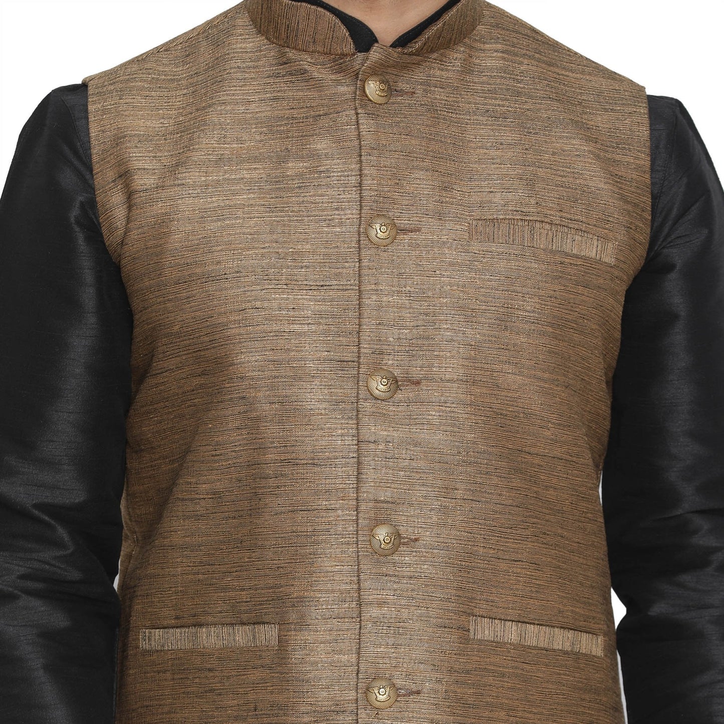 Vastramay Men's Brown Cotton Silk Blend Kurta, Ethnic Jacket and Pyjama Set