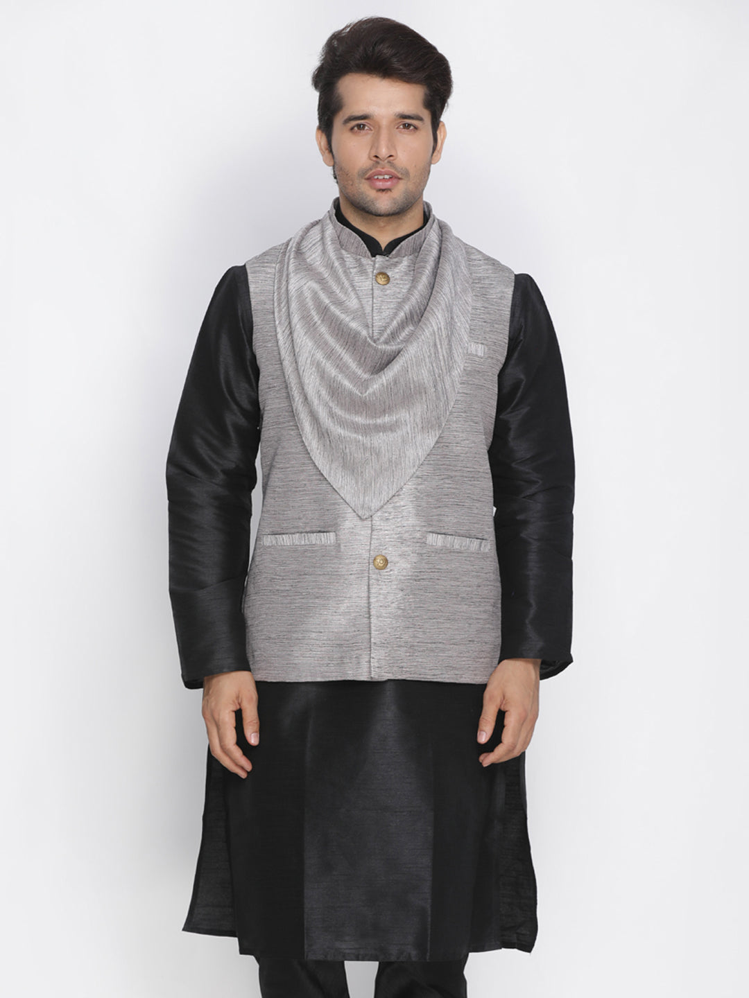 Vastramay Men's Grey Cotton Silk Blend Ethnic Jacket