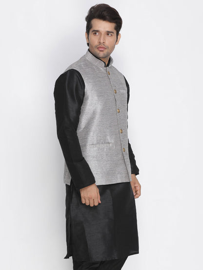 Vastramay Men's Grey Cotton Silk Blend Ethnic Jacket