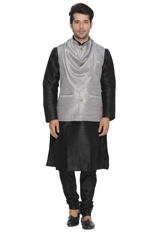 Vastramay Men's Grey Cotton Silk Blend Kurta, Ethnic Jacket and Pyjama Set