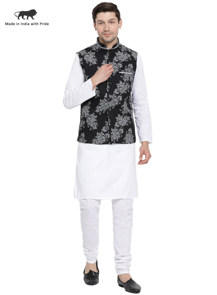 mens white cotton blend kurta ethnic jacket and pyjama set1163