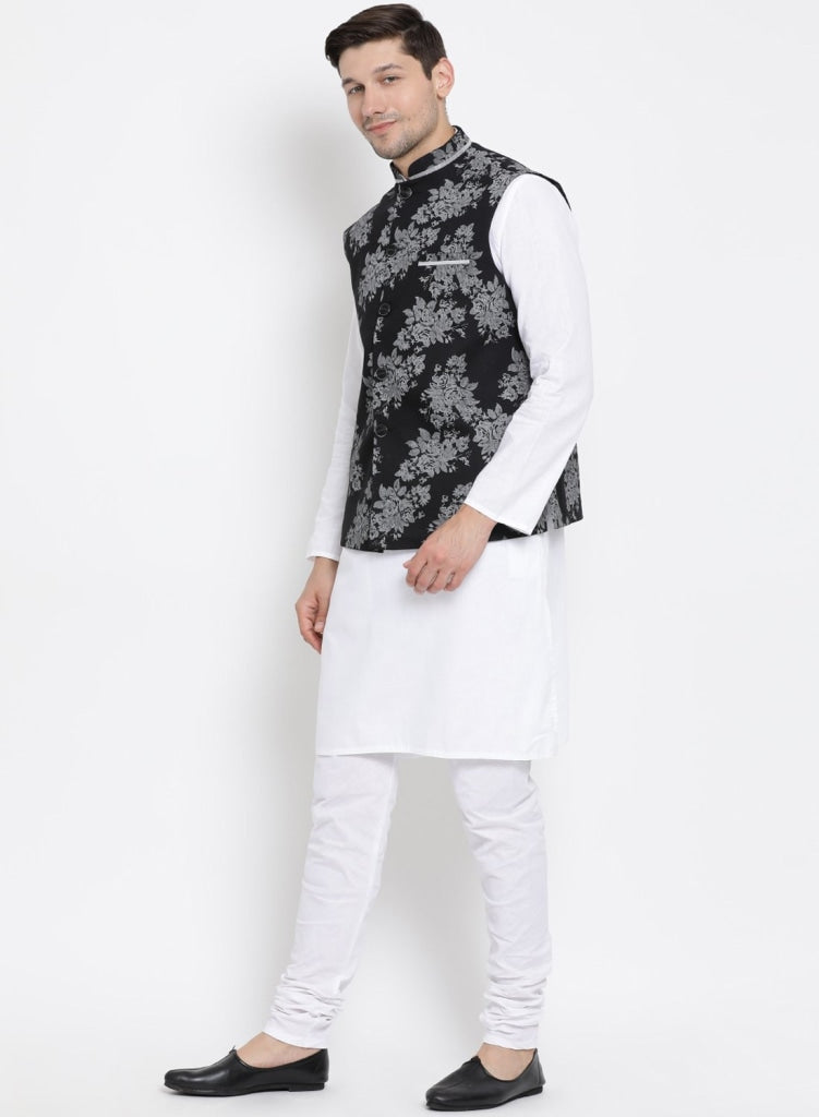 mens white cotton blend kurta ethnic jacket and pyjama set1163