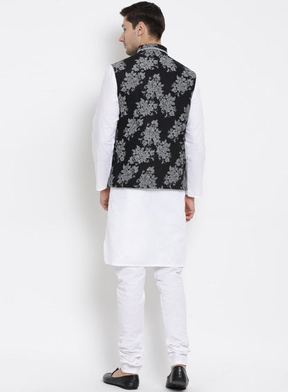 mens white cotton blend kurta ethnic jacket and pyjama set1163