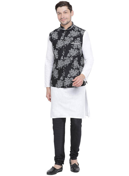 mens white cotton blend kurta ethnic jacket and pyjama set1164