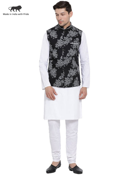 mens white cotton blend kurta ethnic jacket and pyjama set1165