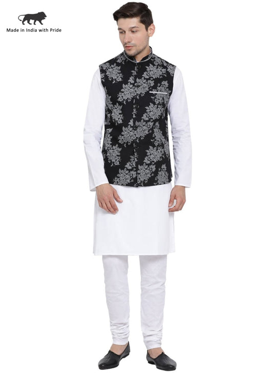 mens white cotton blend kurta ethnic jacket and pyjama set1165