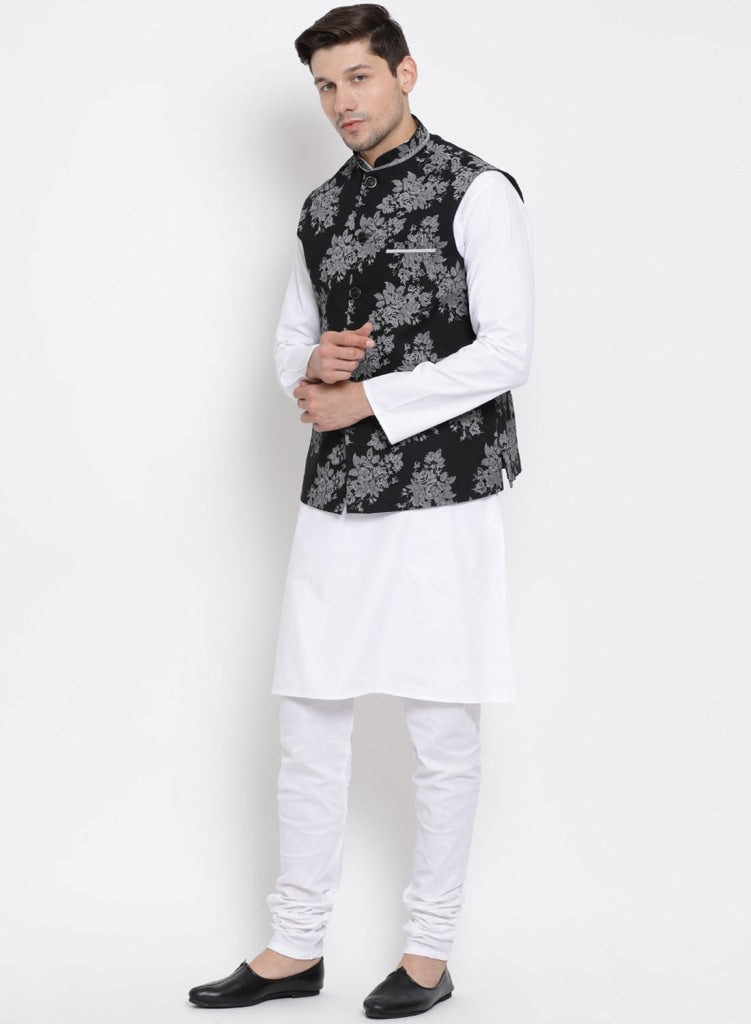 mens white cotton blend kurta ethnic jacket and pyjama set1165