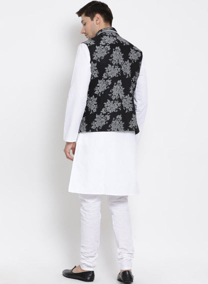 mens white cotton blend kurta ethnic jacket and pyjama set1165