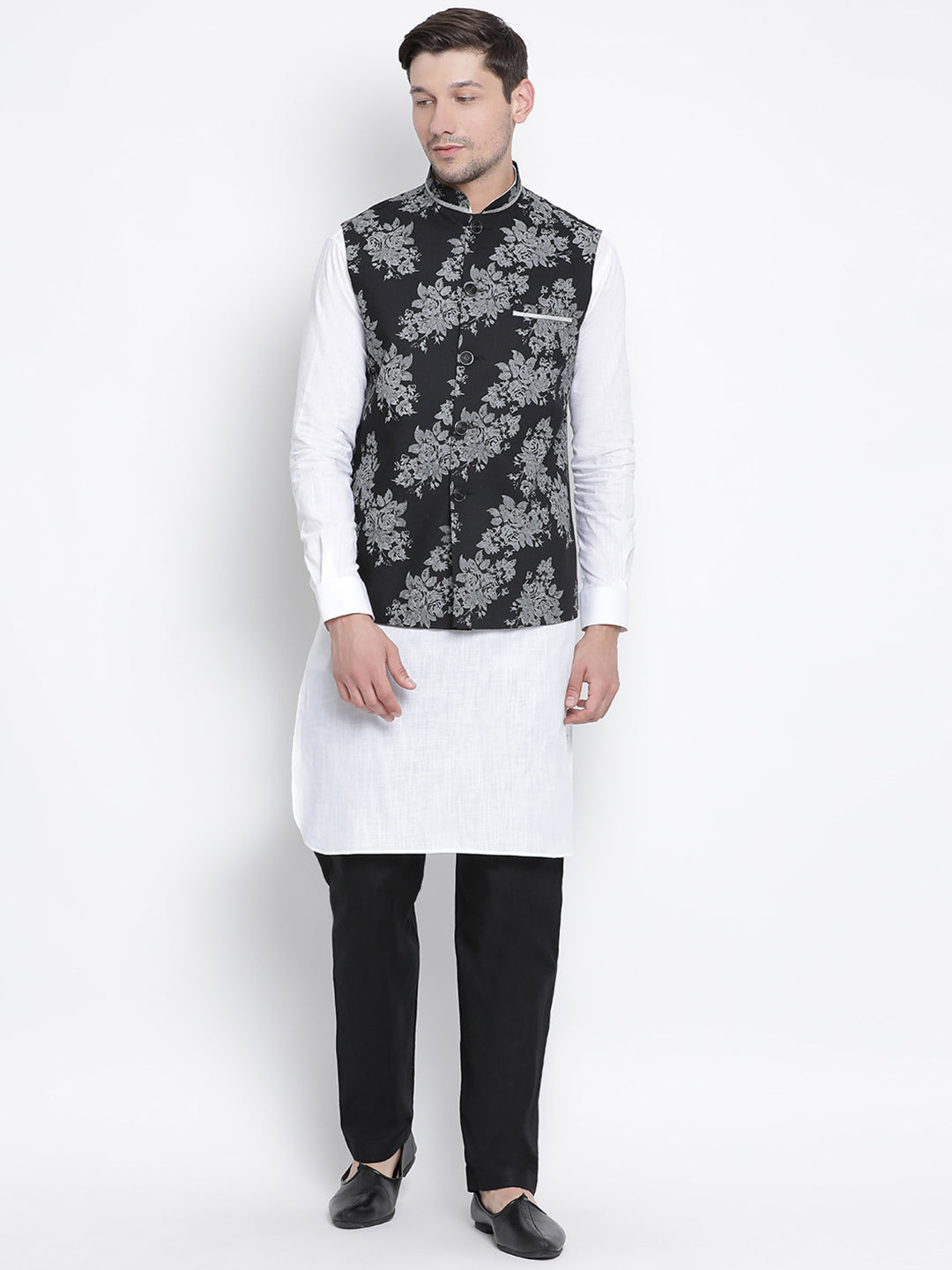 mens black cotton blend kurta ethnic jacket and pyjama set