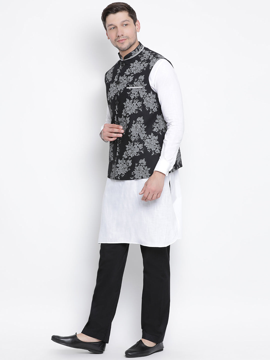 mens black cotton blend kurta ethnic jacket and pyjama set