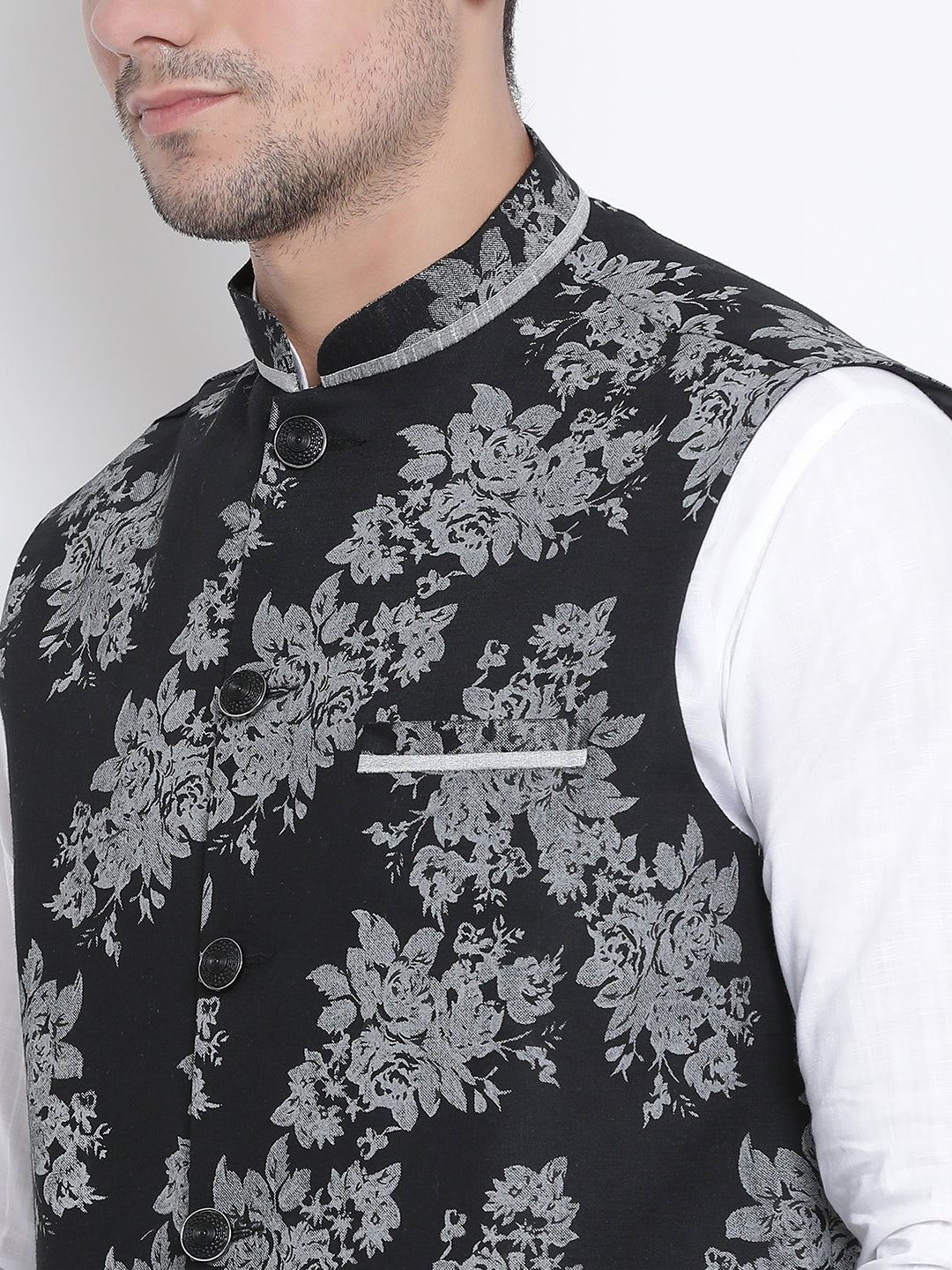 mens black cotton blend kurta ethnic jacket and pyjama set