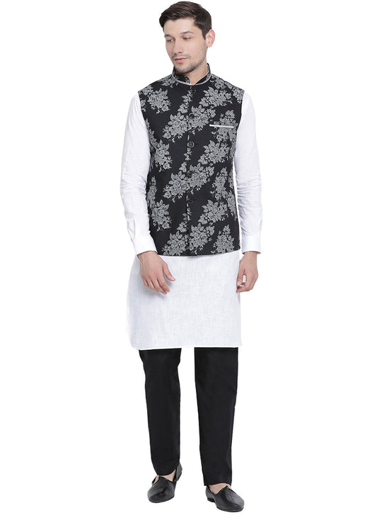 mens white cotton blend kurta ethnic jacket and pyjama set1156