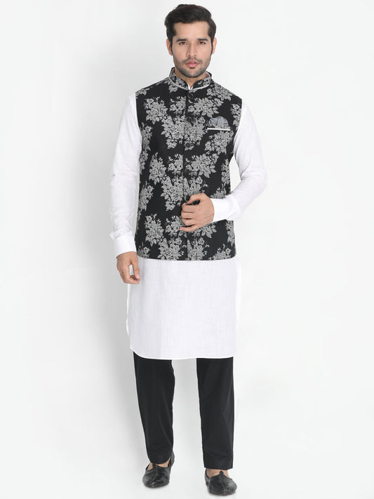 Vastramay Men's White Cotton Blend Kurta, Nehru Jacket and Pyjama Set