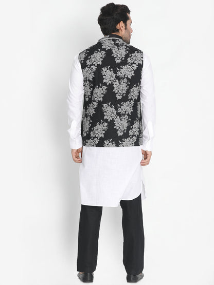 Vastramay Men's White Cotton Blend Kurta, Nehru Jacket and Pyjama Set