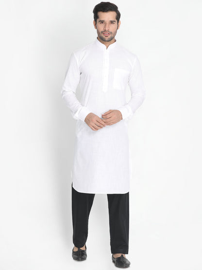 Vastramay Men's White Cotton Blend Kurta, Nehru Jacket and Pyjama Set