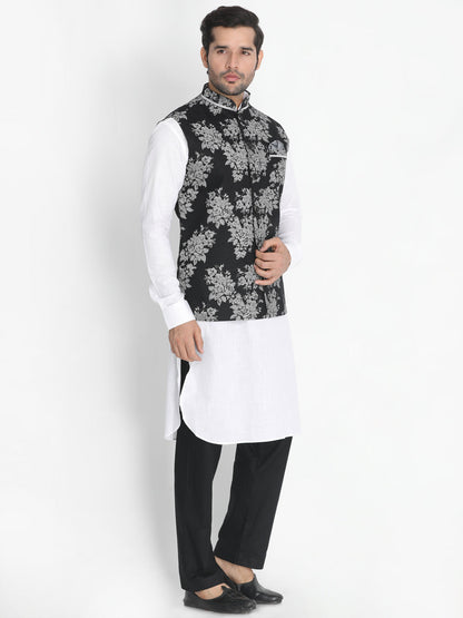 Vastramay Men's White Cotton Blend Kurta, Nehru Jacket and Pyjama Set