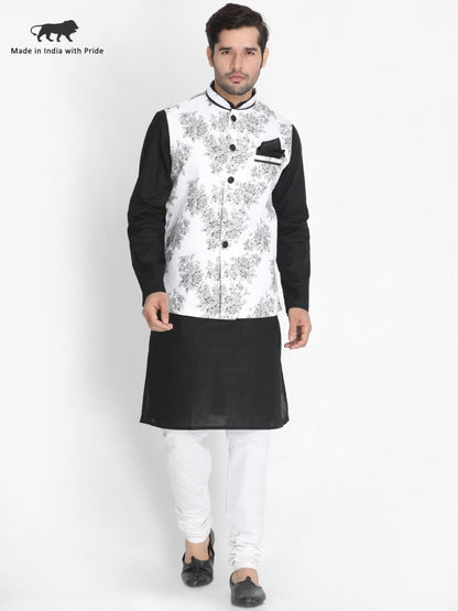 Vastramay Men's Black Cotton Blend Kurta, Nehru Jacket and Pyjama Set