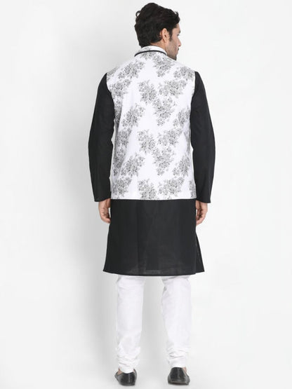 Vastramay Men's Black Cotton Blend Kurta, Nehru Jacket and Pyjama Set