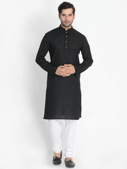 Vastramay Men's Black Cotton Blend Kurta, Nehru Jacket and Pyjama Set