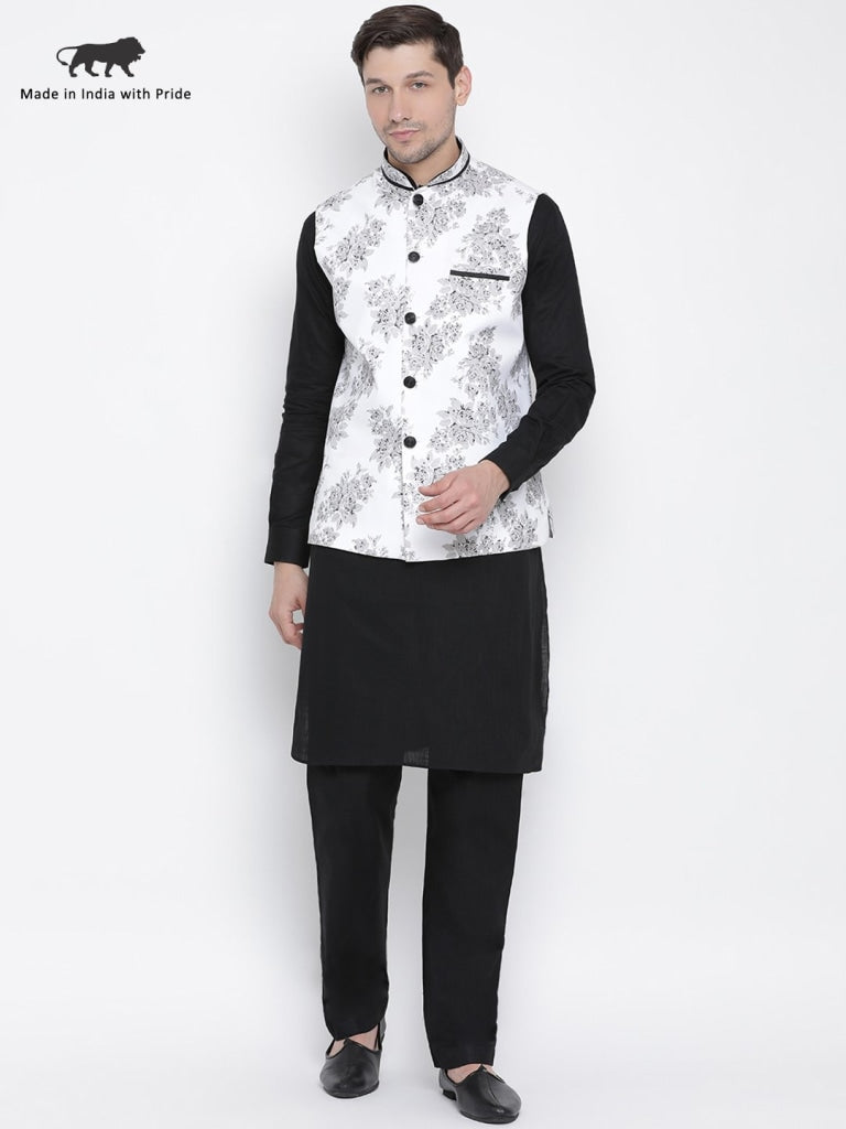 mens black cotton blend kurta ethnic jacket and pyjama set1157