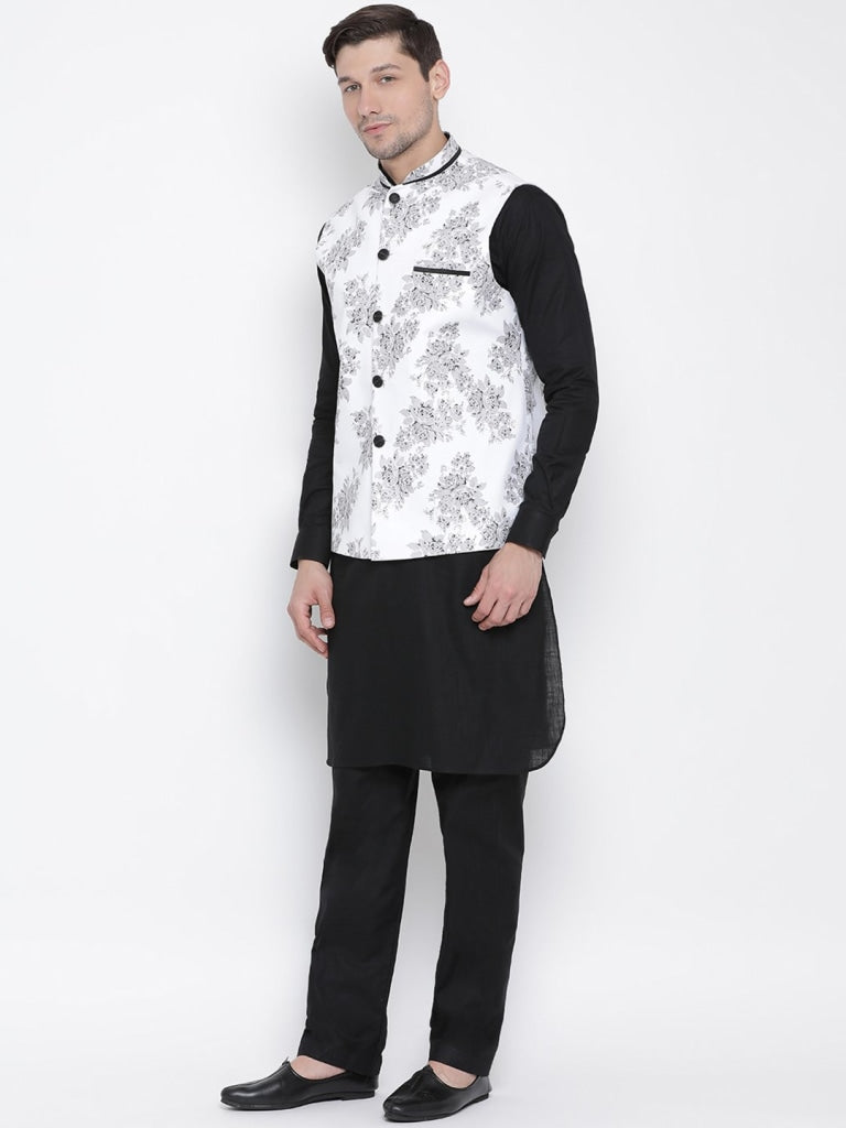 mens black cotton blend kurta ethnic jacket and pyjama set1157